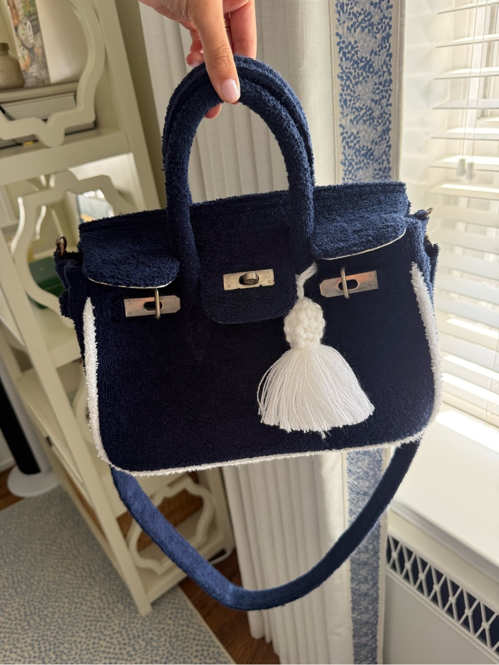 Navy Terry Cloth Top-Handle Bag with White Tassel